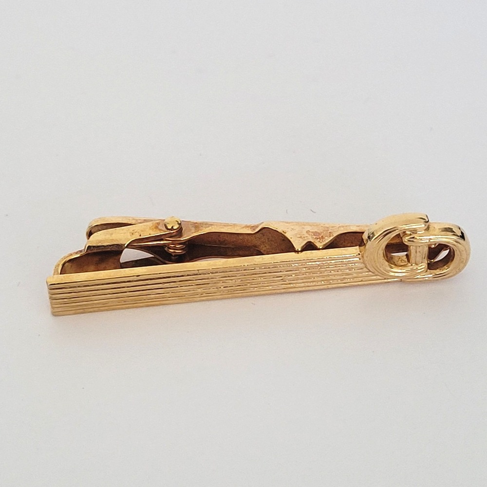 Christian Dior Mens Vintage Gold Tone CD Logo Tie Clip Germany Textured Bar